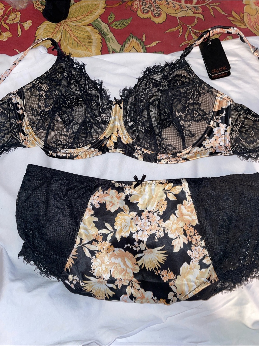 City Chic Black Bra & Brief Set with Gold Floral Satin Panels